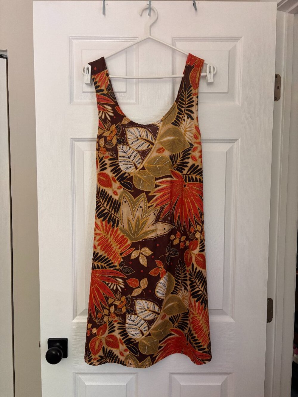 Tropical Print A-Line Dress | Earth Tone Sleeveless Summer Dress (L/XL)